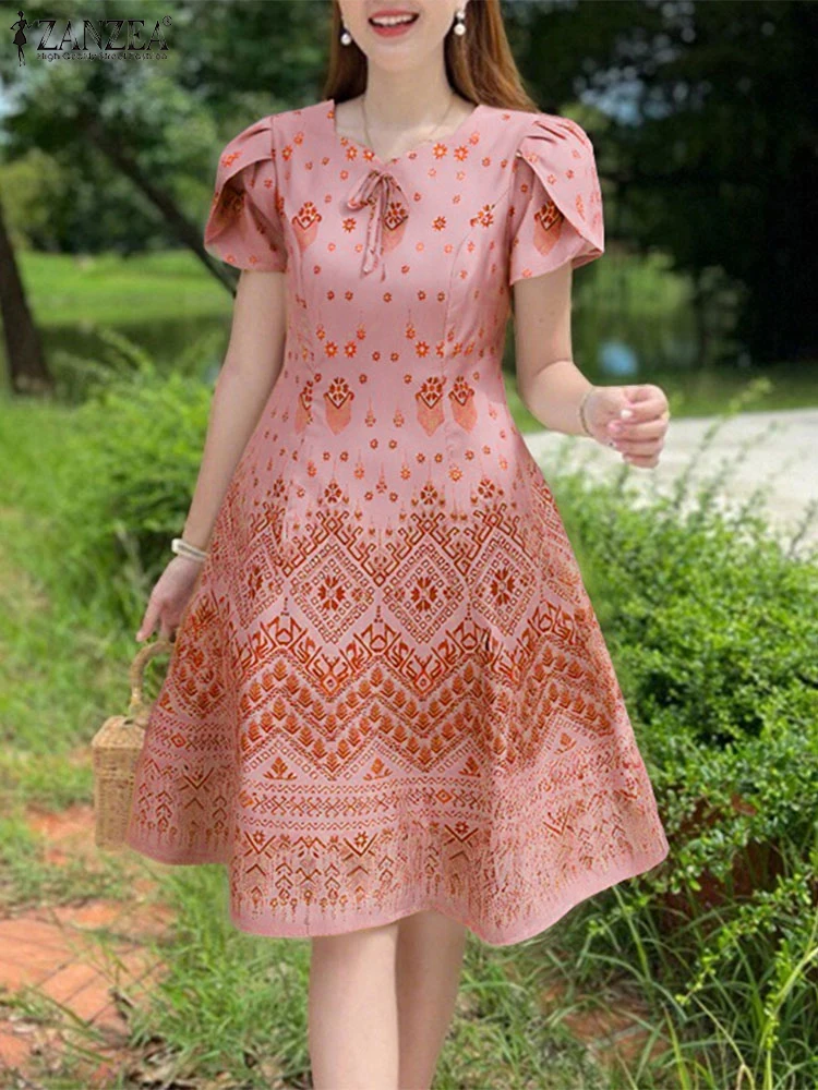 Women Long Dress ZANZEA 2025 Summer Bow Bohemian Elegant Short Sleeve Print A-line Sundress Square Collar Casual Party Vestidos