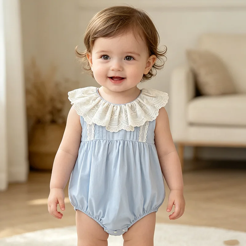Baby crawling clothes, summer sleeveless lace collar, cute bag fart clothes, female baby western-style vest, princess style