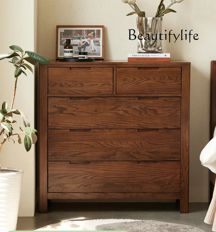 

Nordic Retro Black Walnut Color Solid Wood Sideboard Simple Modern Bedroom Storage Chest of Drawers