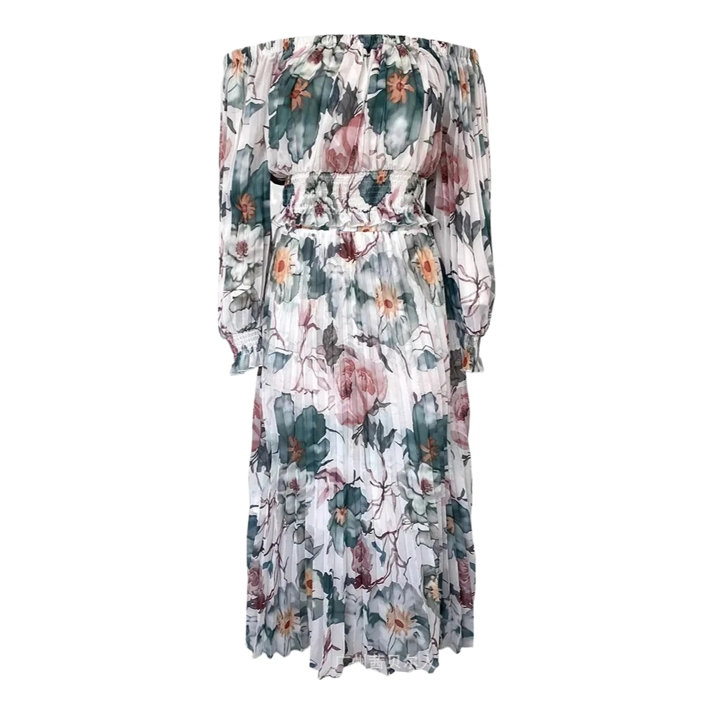 

Романтический топ с открытыми плечами и цветочным принтом, комплекты макси-платьев с разрезным воротником, женские топы, длинные юбки с длинной плиссированной юбкой, комплект