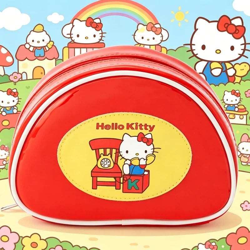 Kawaii Hello Kittys New Cosmetic Bag Semi Round Bun Cute Cartoon Girl Storage Bag Go Out Portable Multi-Layer Cosmetic Bag