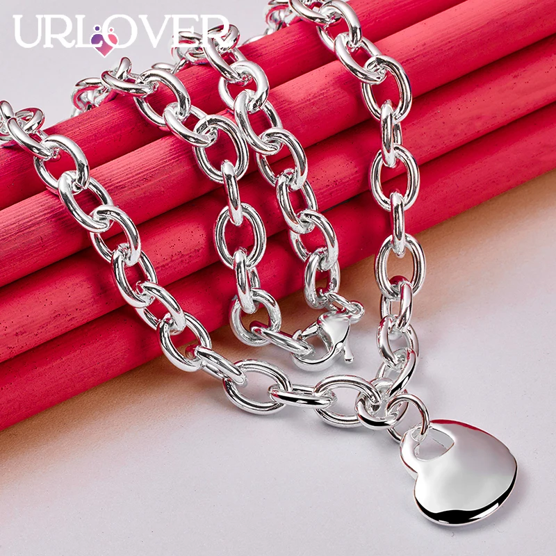 URLOVER 925 Sterling Silver Solid Heart Pendant Necklace For Women Man Engagement Wedding Fashion Charm Jewelry Classics Chain