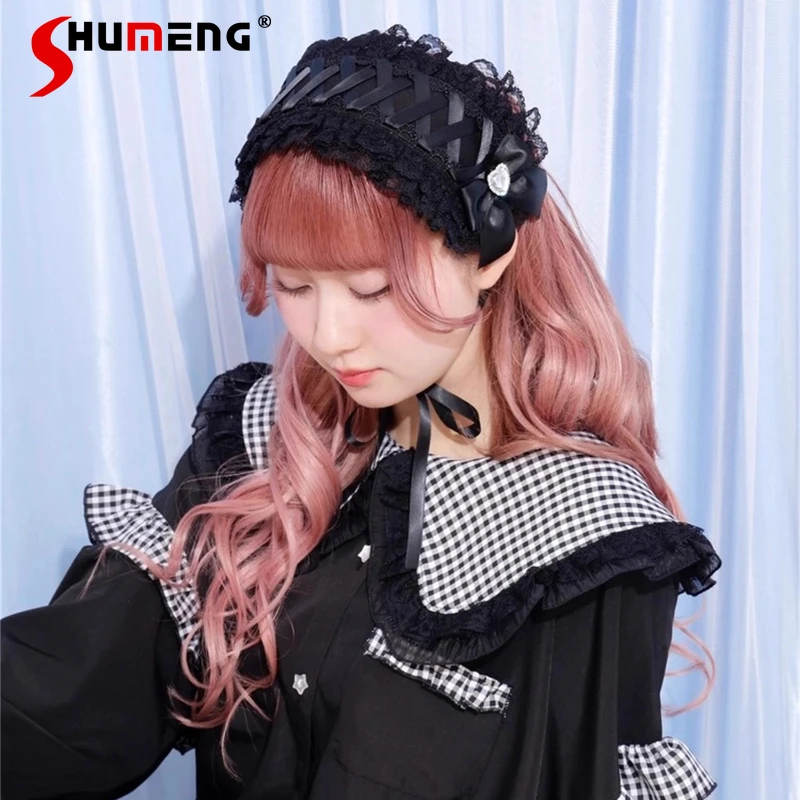 

Черно-белая повязка на голову в стиле Лолиты в японском стиле для девочек и женщин, кружевной бант в форме сердца со стразами, аксессуар для волос Lo Y2k