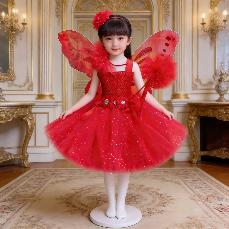 

Red Sparkles Fairy Princess Dresses for Girls Outfit Princess Ballet Tutus with Wings Kids Christmas New Years Costumes Carnival