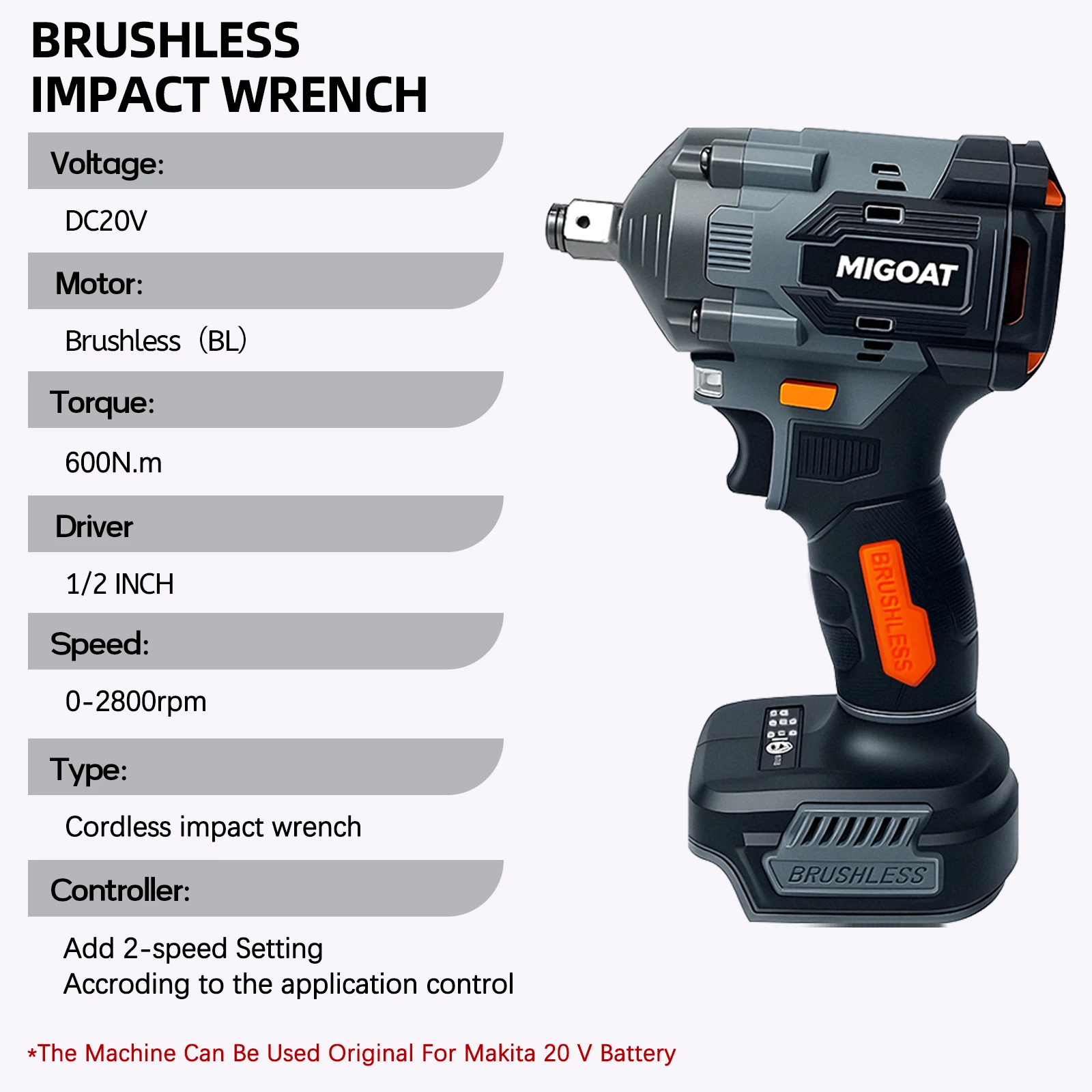 Llave de impacto de torsión extrema de 600N.M, pistola de impacto de grado profesional, para aplicaciones de alta resistencia para batería Makita de 18V-21V.