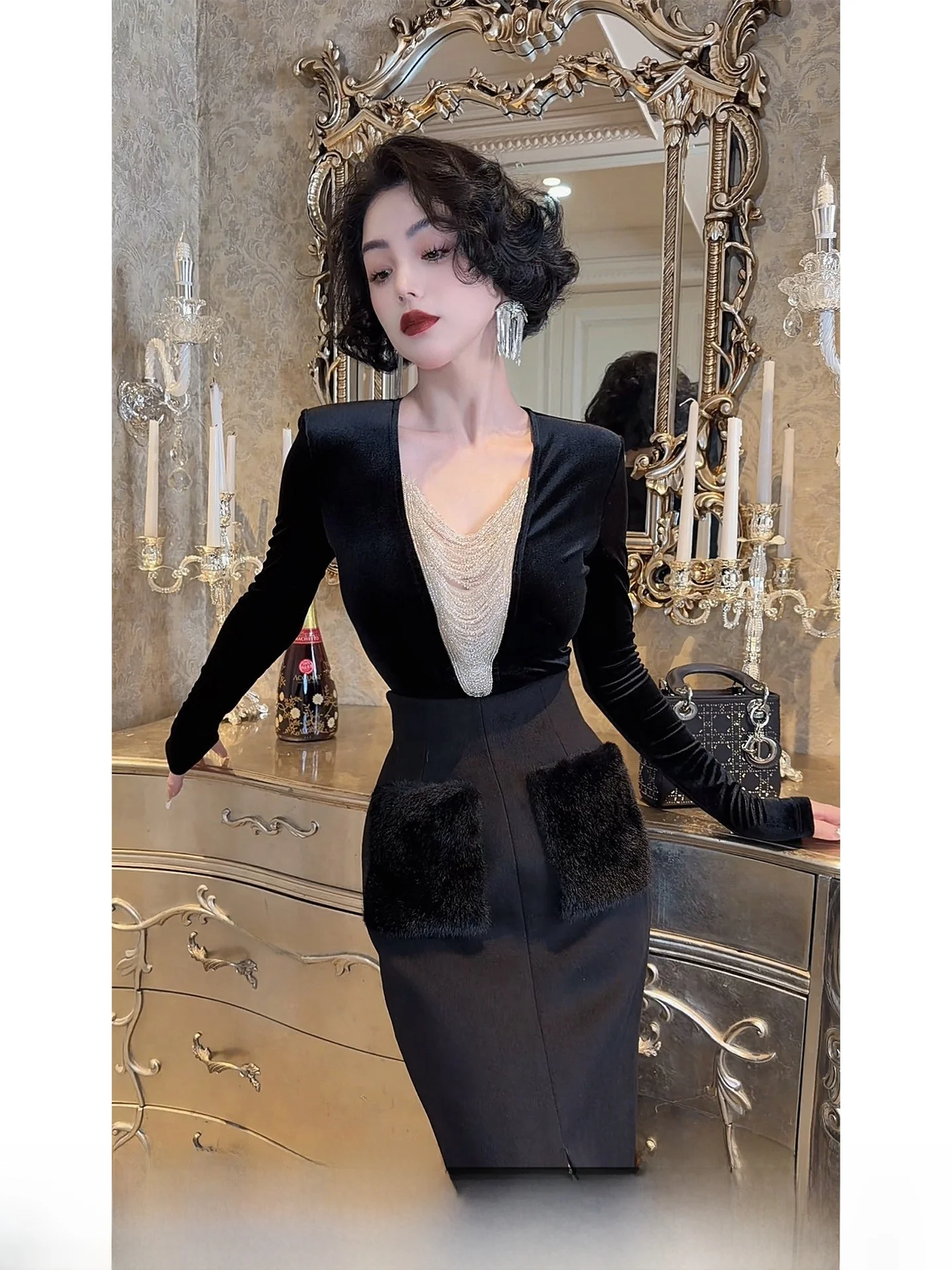

LYXJ Starlight Flow Inner Wear Velvet Knitted Slim Fit Women's Top Pearl Embroidery Ele Sle Winter Season Long Sve