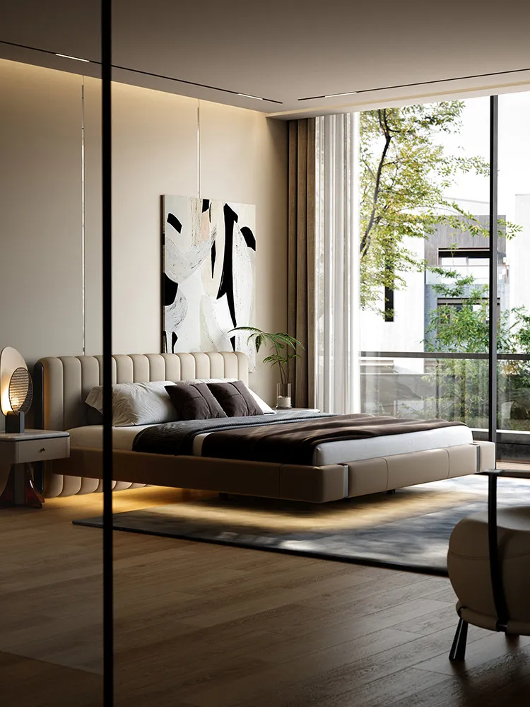 Minimalist Full Leather Bed, Wedding Bed, High-end Large Flat-level Luxury Suspended Double Bed, 1.8-meter Master Bedroom Bed