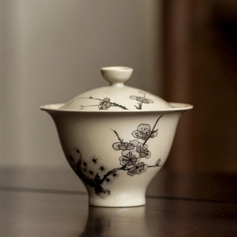 

Plant Ash Plum Blossom Gaiwan Chinese Retro Ceramic Cover Bowl Simple Grey Tea