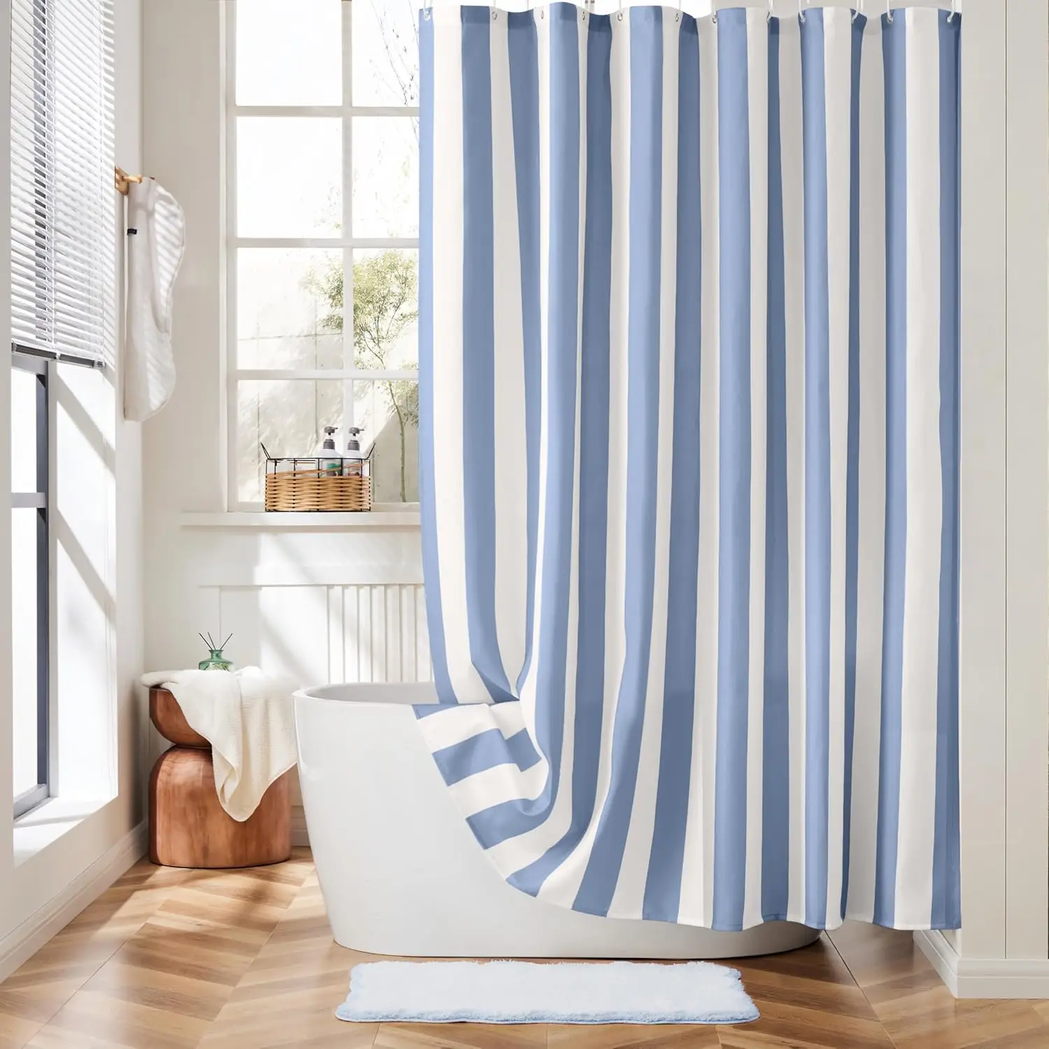 Modern Blue White Striped Shower Curtain, Minimalist Waterproof Mildew Resistant Curtain for Bright Home & Hotel Bathrooms
