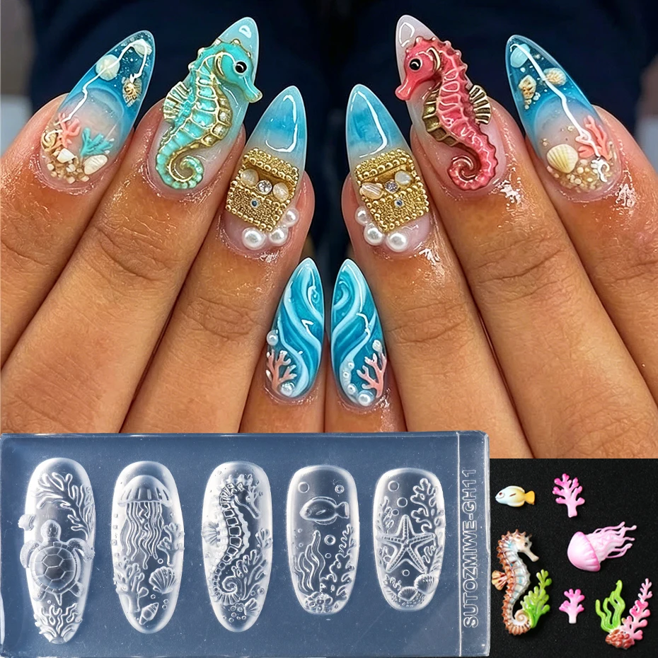 3D Ocean Style Silicone Nail Art Mold Starfish, Jellyfish, Turtles, Coral, Seahorses Marine Life Patterns Nail Mold Nail Tools