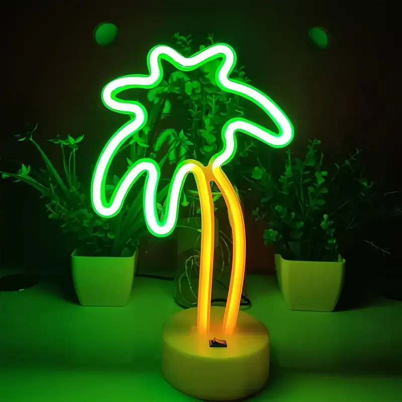 Coconut Tree Shaped Neon Light Sign with Holder Base, Battery or USB Powered LED Neon Lights Palm Tree Design for Home Decor 010