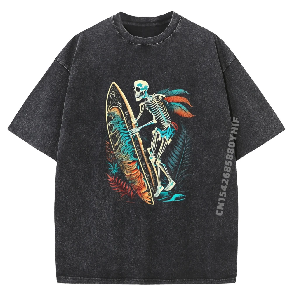 

Mens T-shirt Man Surfing Skeleton Surfboard Summer Beach Loose Graphic Tees Mens Streetwear Washed Clothes