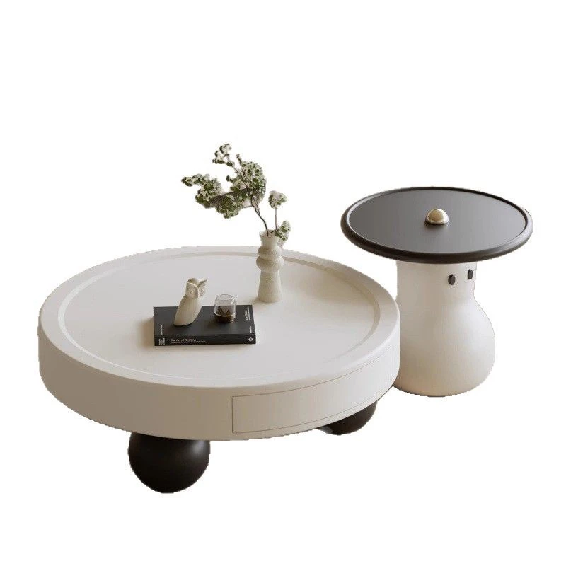 

Creative Cream Style Fiberglass White Side Table with Drawers Coffee Table Set
