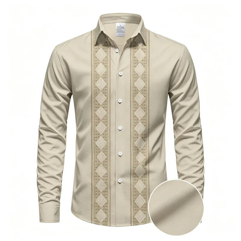 Men Long‑Sleeve Button‑Down Shirt Beige Ethnic Diamond Geometric Placket Print Polyester Lapel Collar Casual Top