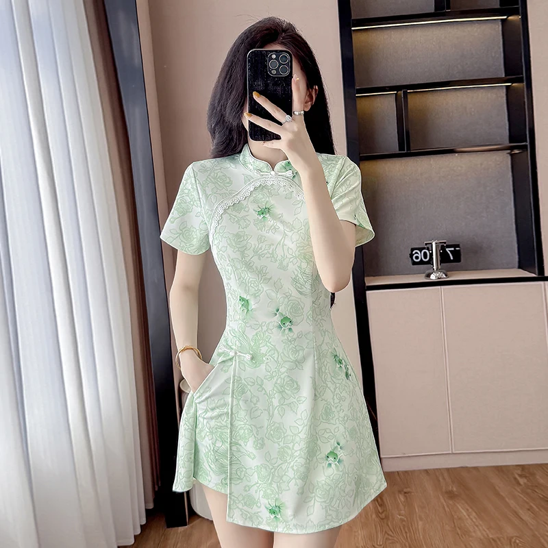 

New Chinese Style Cheongsam Set - Ethereal Floral Qipao Dress & Shorts 2-Piece Outfit (S-2XL)