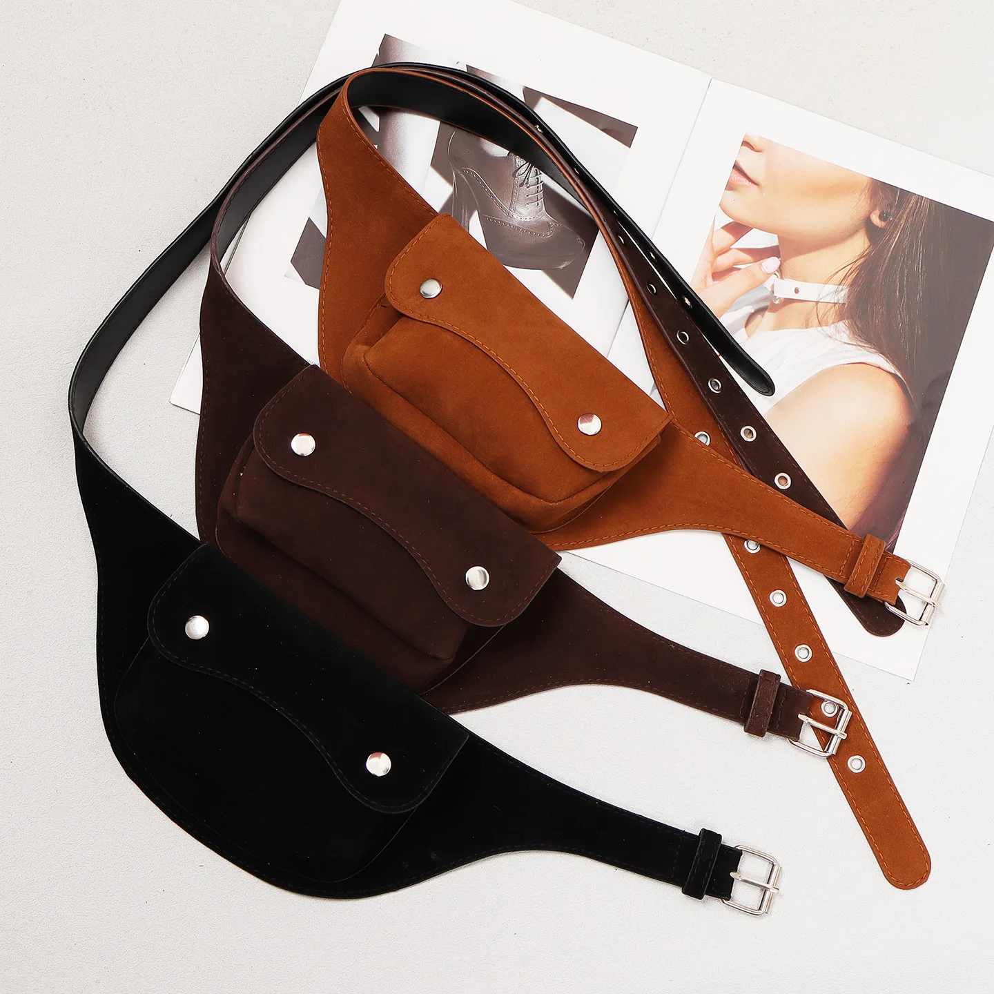 خمر جيوب كبيرة البني فو الجلد المدبوغ بو حزام جلد المتخصصة تصميم فتاة في الهواء الطلق موضة التنانير الجينز بنطلون حزام الزخرفية