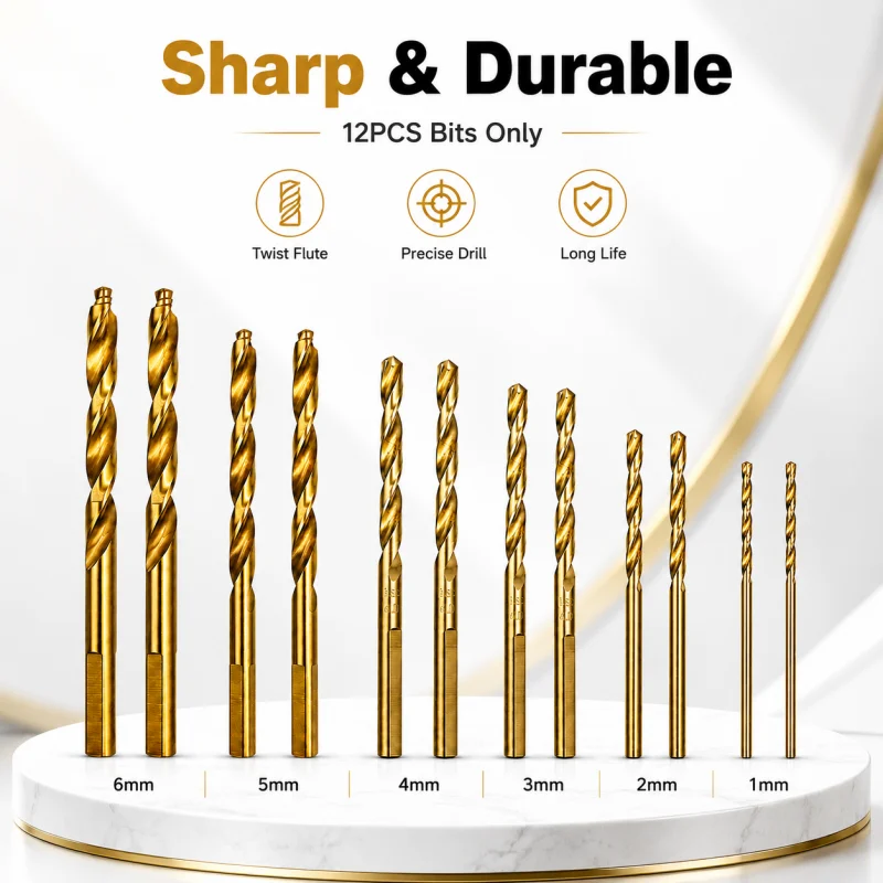 12Pcs Titanium Coated Twist Drill Bits 1‑6mm Sharp High Hardness Drill Bit Kit for DIY & Industrial Drilling