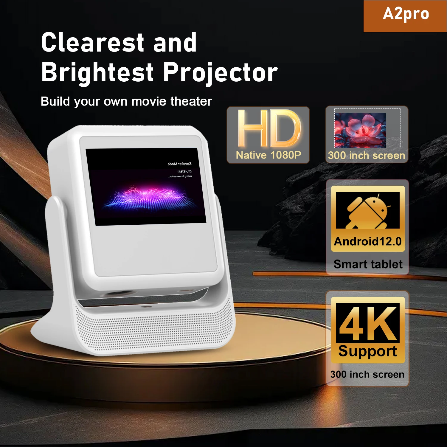 Proyector with WiFi Bluetooth, 8" Touch Screen Android 12, 4K 1080P Auto-Focus, HDMI/USB, 180° Rotation, Speaker, EU US UK Plug