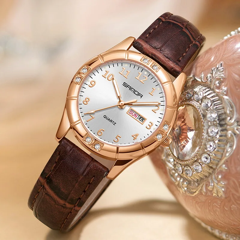 2026 Retro Ladies Quartz Watch Waterproof Leather Strap Luminous Sunburst Dial Dual Calendar Simple Student Women's Wristwatch