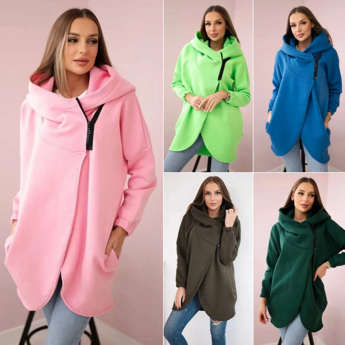 

Women Hooded Coats Solid Jackets Oversize Zipper Spliced Long Sleeves Mid Rise Thick Loose Fit Office Lady Casual 2025 Autumn