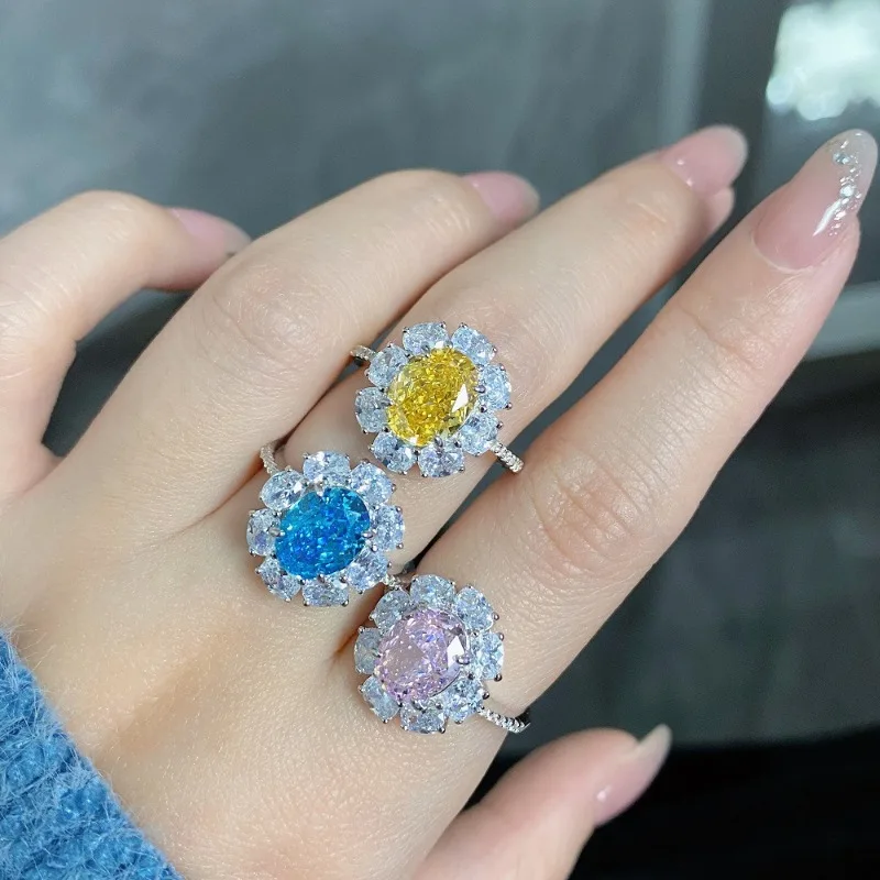 Shining U S925 Silver Oval Aquamarine Pink Yellow Gems Ring for Women Fine Jewelry Summer