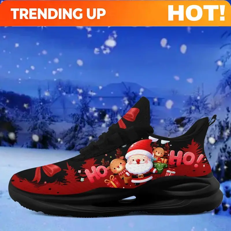 Customization Men'S Christmas Sneakers - Lightweight Santa & Reindeer Shoes With Red & Black Holiday Design, Lace-Up Closure