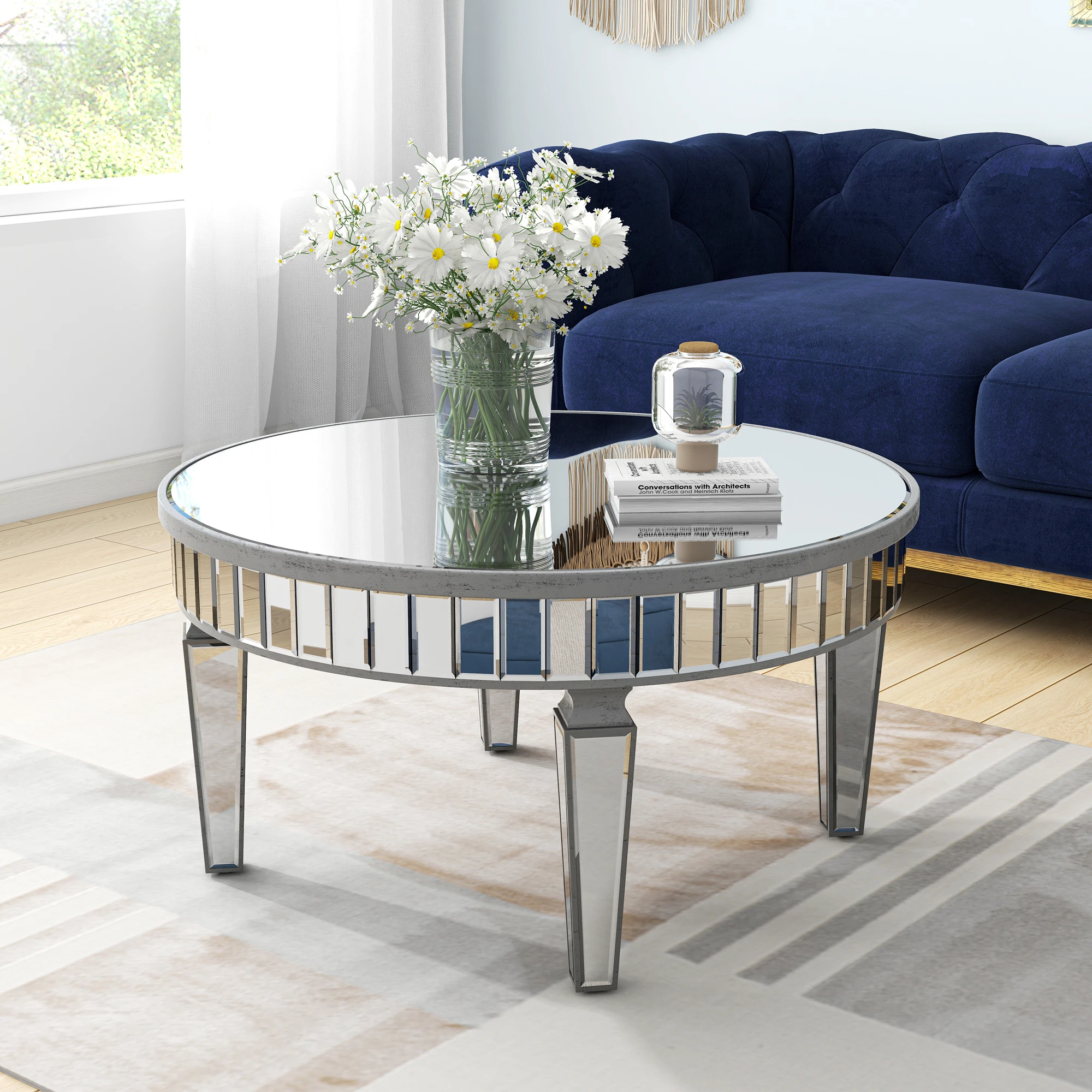 SHYFOY Mirrored Coffee Table-Round Glass Coffee Table with Highly Reflective Mirror Easy Assembly Silver Frame