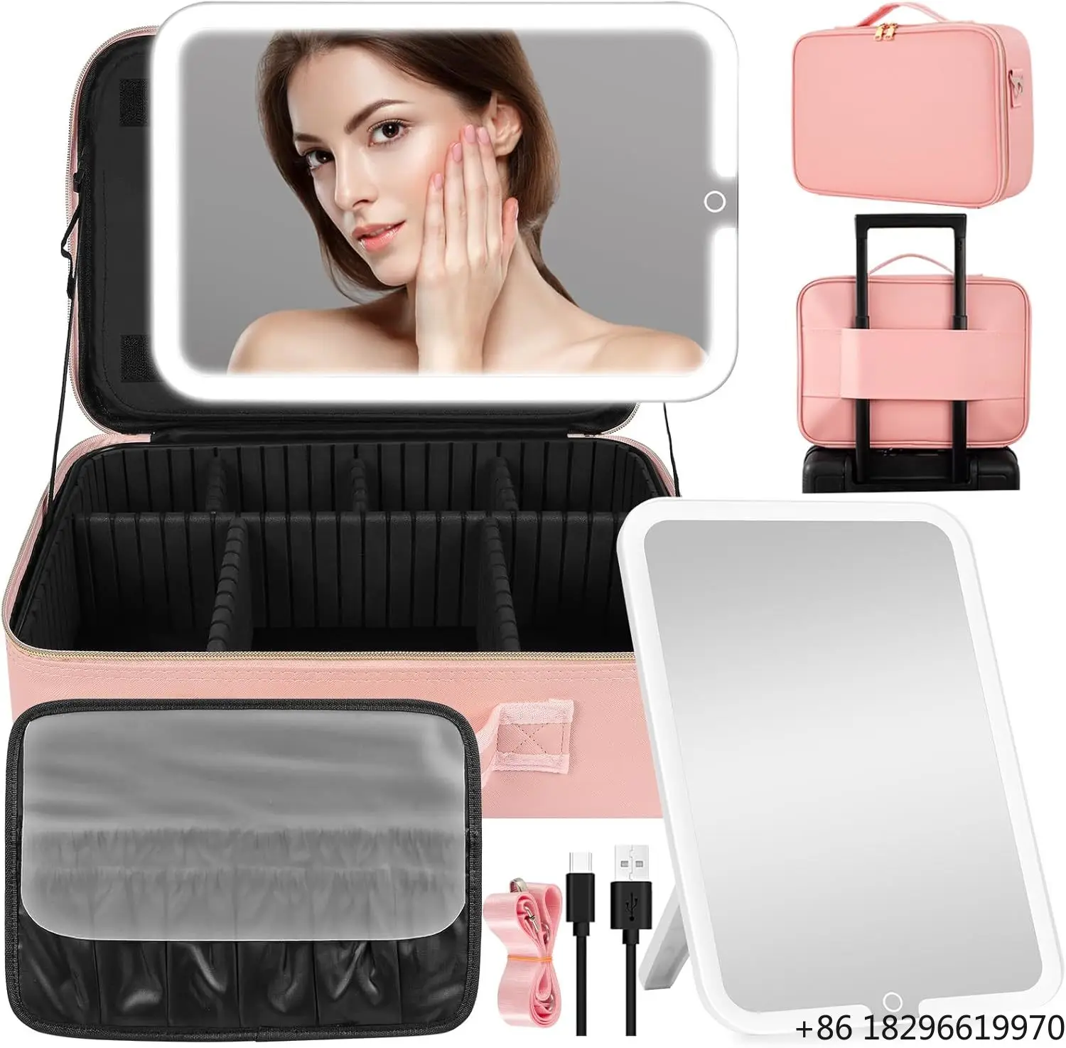 

Capacity Cosmetic Bag Makeup Detachable Dividers Organizer Case With Lighted LED Mirror 3 Color Lighting Travel Vanity Mirror