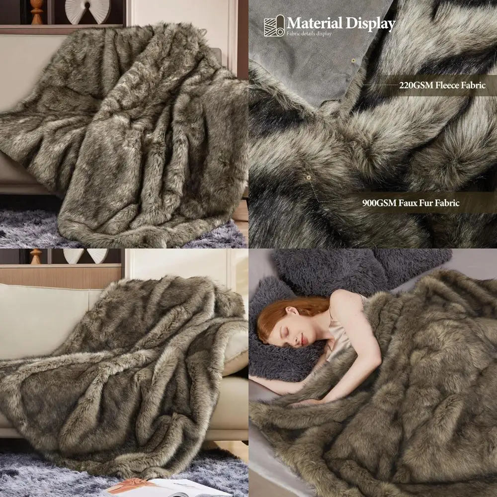 

Thick 1000GSM Faux Fur Blanket, Cozy & Warm, Reversible Mink Style, 50x60 Inches, Grey