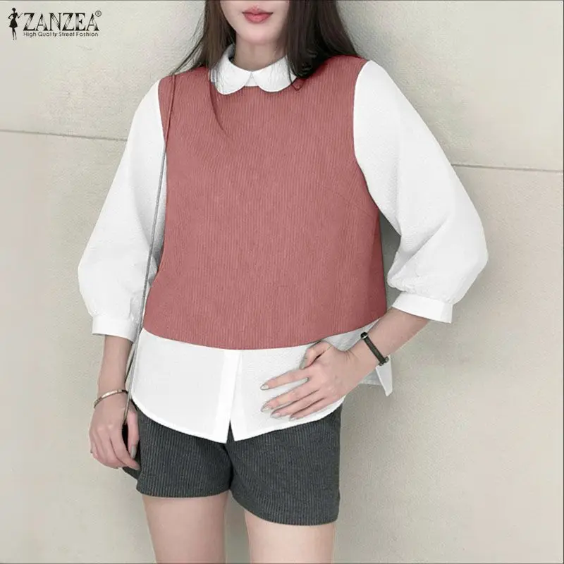 

ZANZEA Women Fashion Blouse 2026 Summer Peter Pan Collar 3/4 Sleeve Color Patchwork Elegant Shirts Office Lady Blusas Casual Top