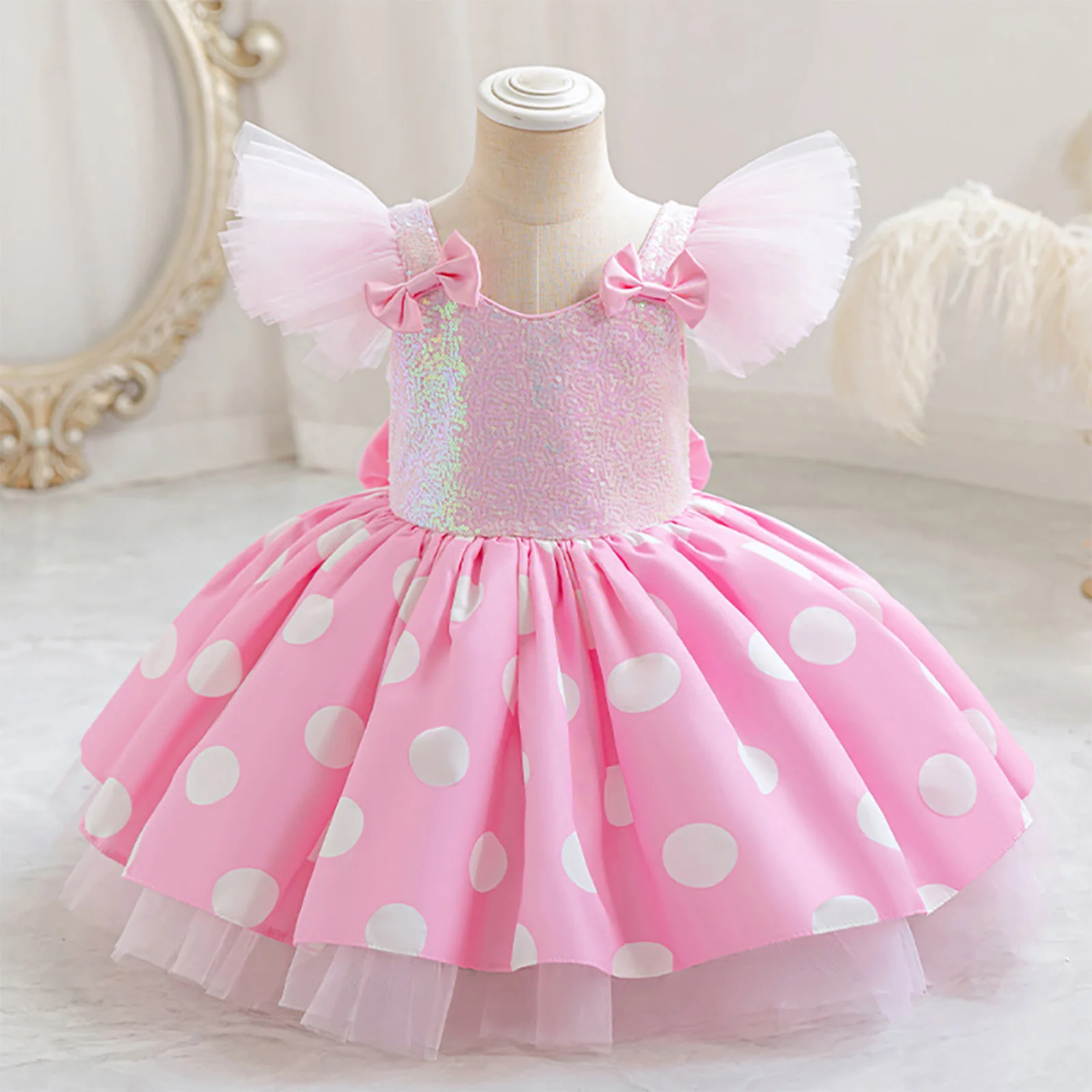 

Платье принцессы для маленьких девочек с развевающимися рукавами и блестками в горошек, тюлевые платья-пачки, пышное бальное платье на свадьбу, день рождения