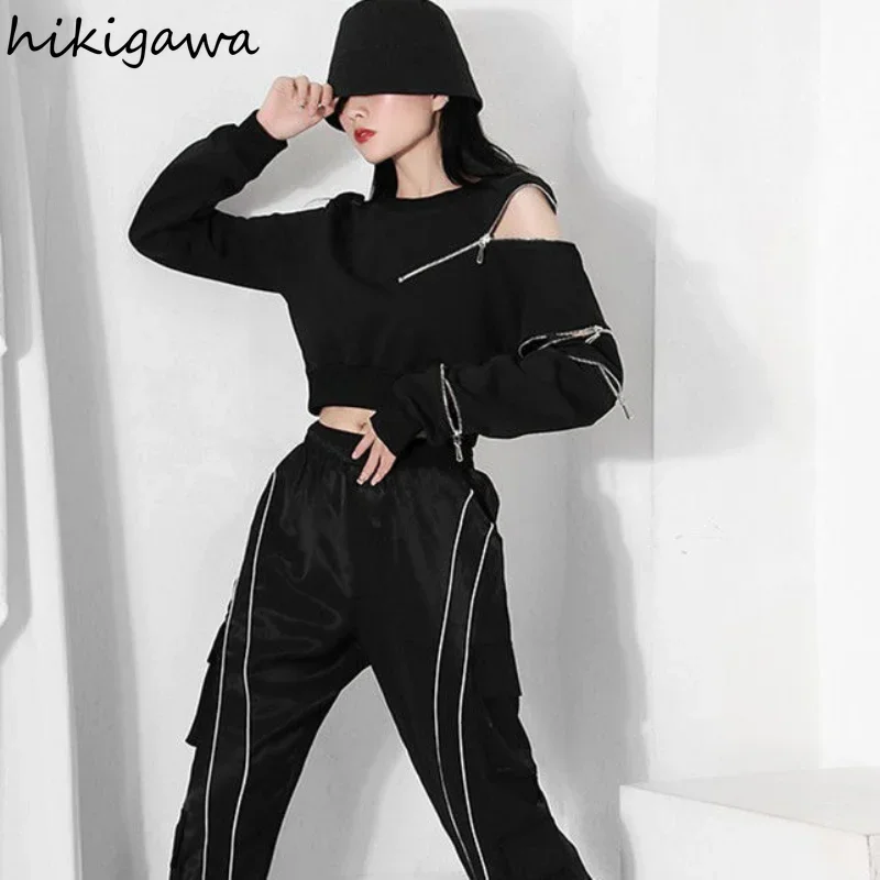 2023 Ropa Mujer Cropped Tops Fashion Hoodies Women O-neck Long Sleeve Zipper Pullovers Chic Hollow Out Sexy Korean Sweatshirt