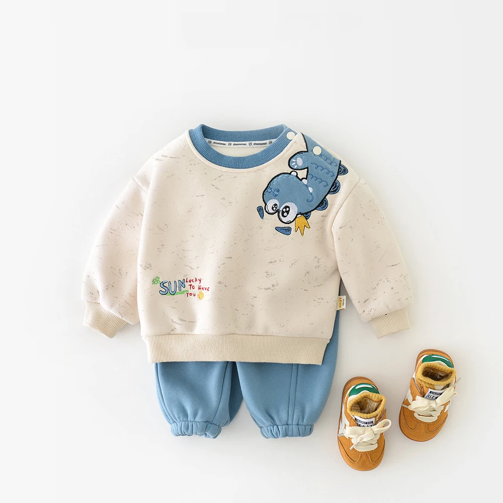 

MILANCEL New Winter Baby Clothes Set 6M-3Y Cartoon Dinosaur Infant Girls Thicken Outfit Loose Toddler Fleece Hoodie +Pants