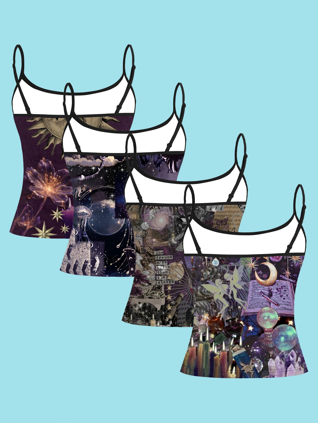 4-Piece Set of Dark Astrology-Style Printed Camisoles for Women, Deep Purple Mysterious Universe Star and Moon Patchwork Slim-Fit Spaghetti Strap Tops