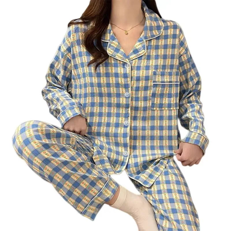 Blue Plaid Pajamas Set Women Retro Cloud Cotton Long Sleeves Long Pants Pj Casual Sleepwear Flower Pyjamas Cute Pijamas Cozy Pjs