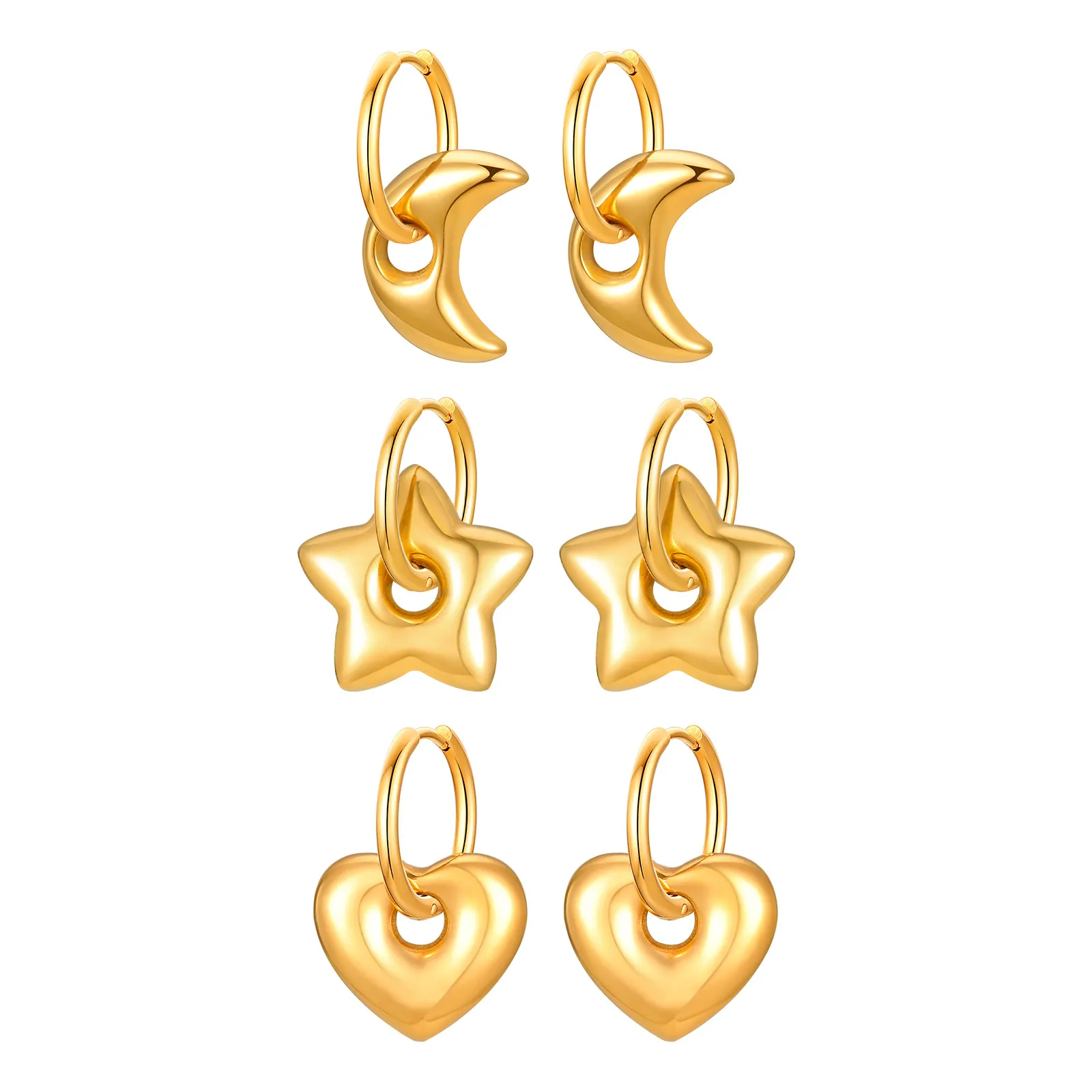 Korean Luxury Heart-Shape/Moon/Star Earrings,Gold Color INS Geometric Earrings for Girls,Stainless Steel Exquisite Ear Ornaments