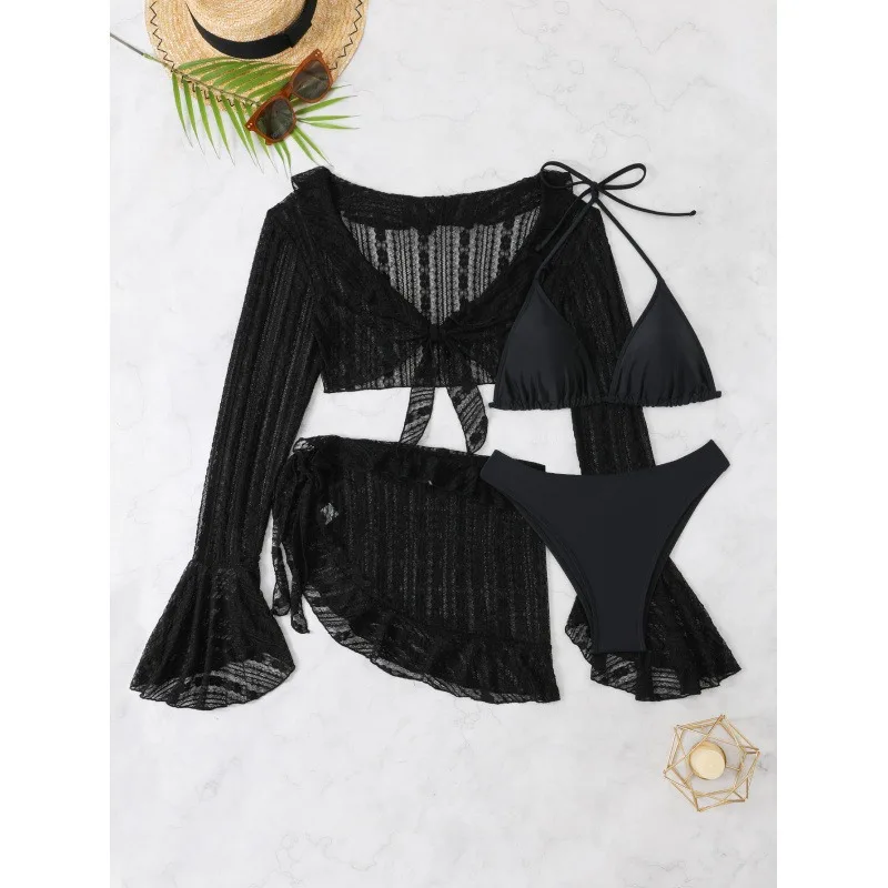 Seksowny czteroczęściowy damski strój kąpielowy z długim rękawem, letni jednolity zestaw bikini, brazylijska odzież plażowa, strój kąpielowy na imprezę, 2025