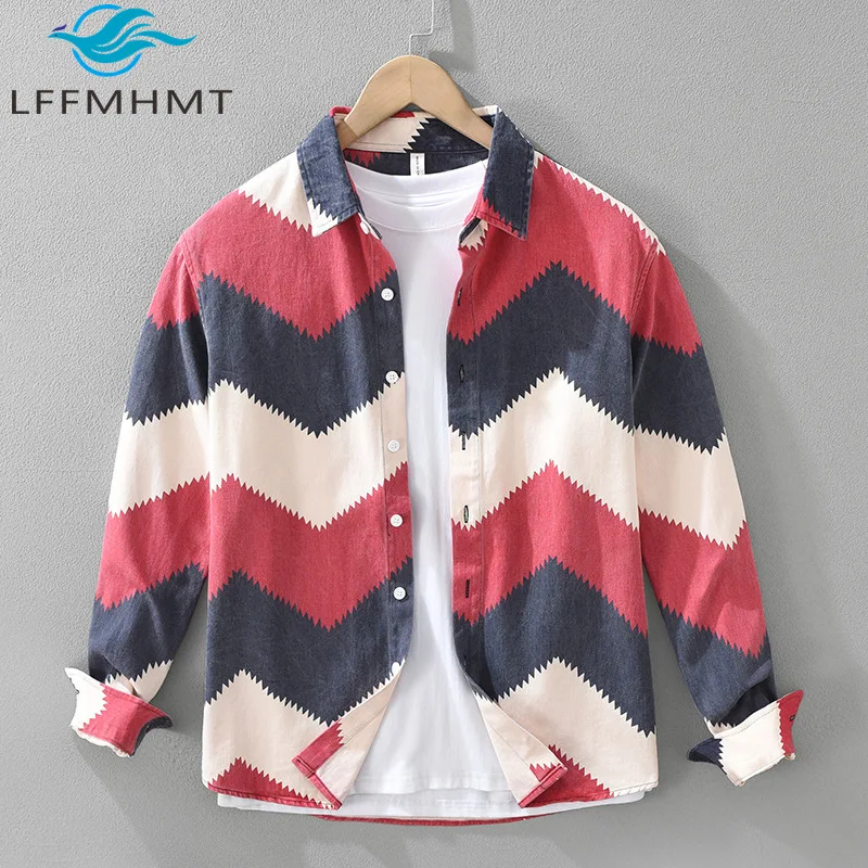 7613 100% Cotton Good Quality Contrast Color Patchwork Shirt Japan Style Wave Strip Long Sleeve Loose Casual Daily Jacket Tops