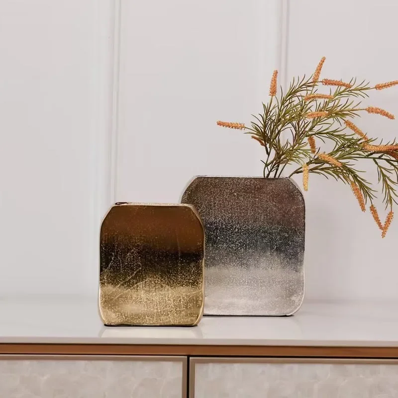 Modern Gold Silver Metal Vase Square Flower Holder Luxury Home Decor Hotel Countertop Ornament Model Room Decoration Piece