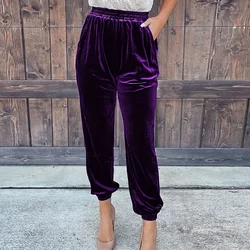 Fashionable Elegant Red Velvet Pants For Women Autumn Winter Elastic High Waist Casual Shorts Women Fashion Solid Loose Trousers