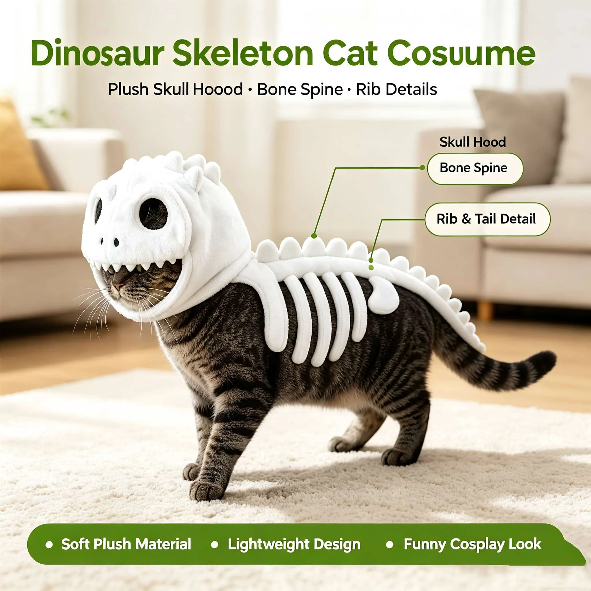 Halloween Dinosaurier-Skelett-Katzenkostüm, leuchtet im Dunkeln, Plüsch-Kapuzen-Cosplay-Outfit für kleine und mittelgroße Katzen, lustiges Party-Foto-Requisit – Detail 12