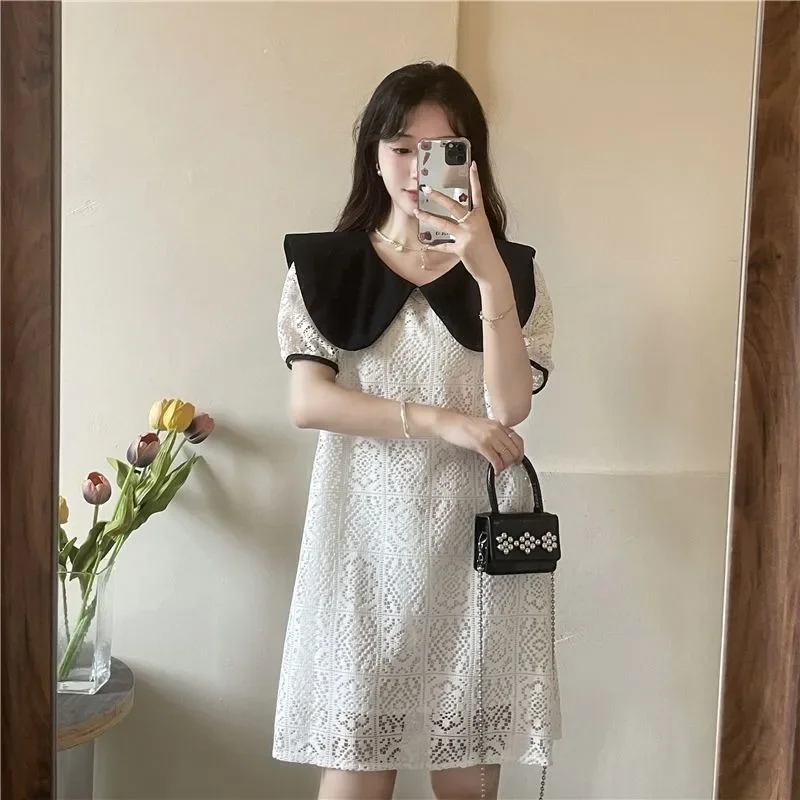 Bow Hollow Out Skirt Women Fashion Straight Summer Dress  Doll Collar Lace Cut-out Short Sleeve New French Style Gentle Dresses