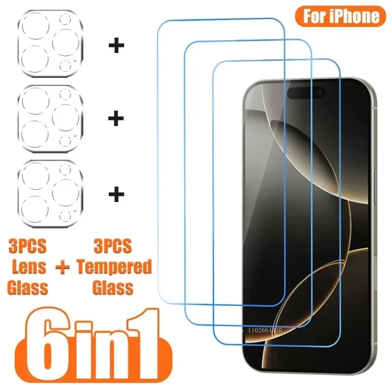 6in1 gehärtetes Glas für iPhone 15 16 14 Pro Max 13 12 11 Pro Mini Len Glas Displayschutzfolie für iPhone SE 2022 X XR XS 8 7 Plus