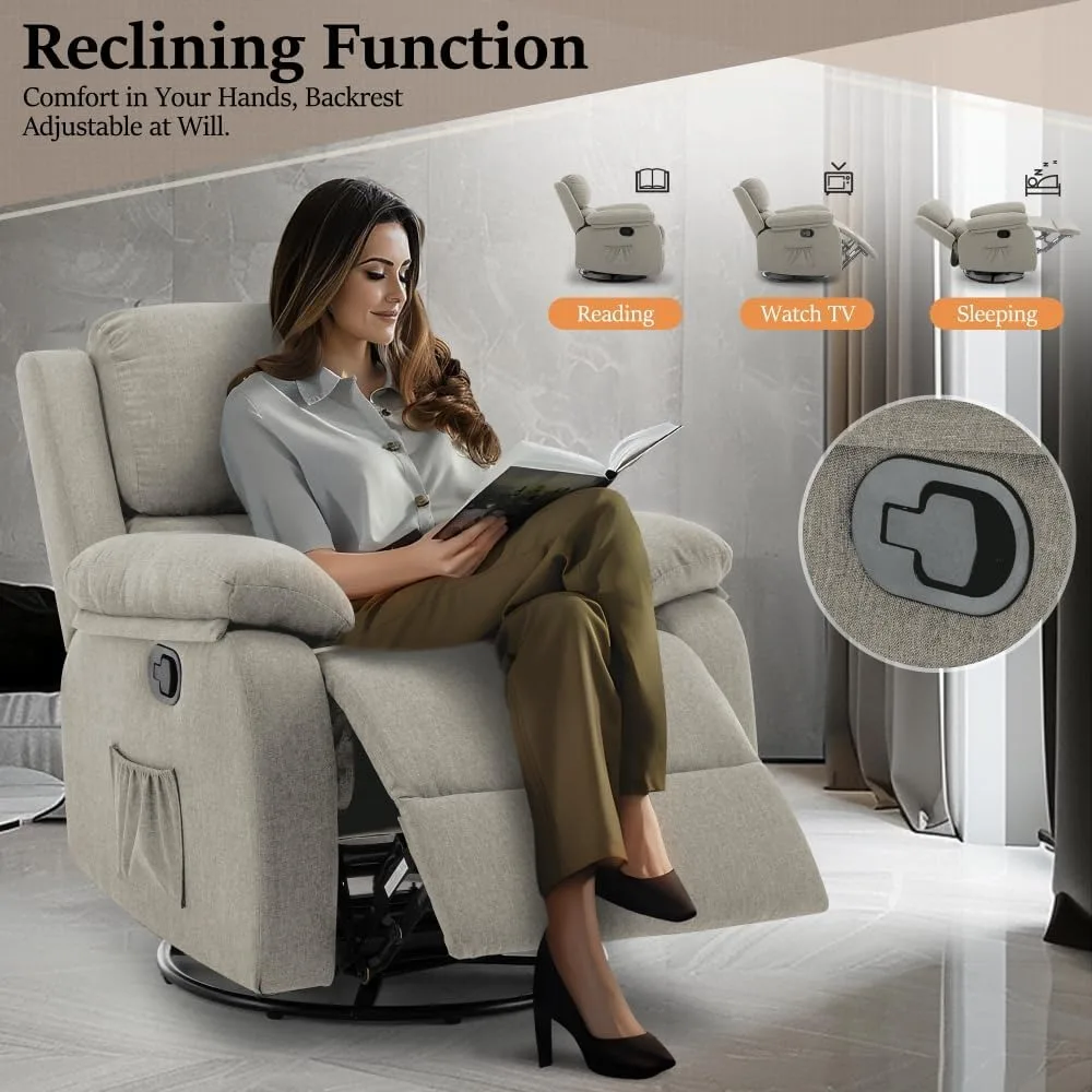 Recliner Chair, 360 Swivel Rocker Chair for Adults, Small Rocking Recliner Chair for Small Spaces, Upholstered Fabric Glider Rec image 4