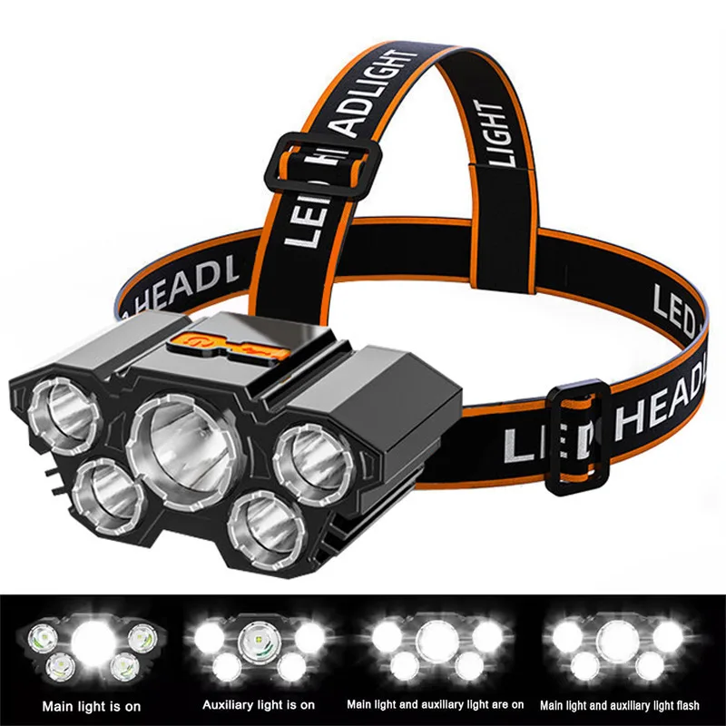 

5LED Super Bright Headlamp Rechargeable Flashlight with Built in 18650 Battery Portable Head Torch For Camping Adventure Fishing