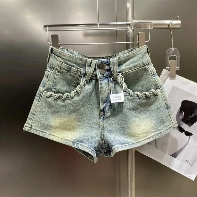 여름 신상 프렌치 스타일 포켓 장식 워싱 디스트레스드 데님 반바지