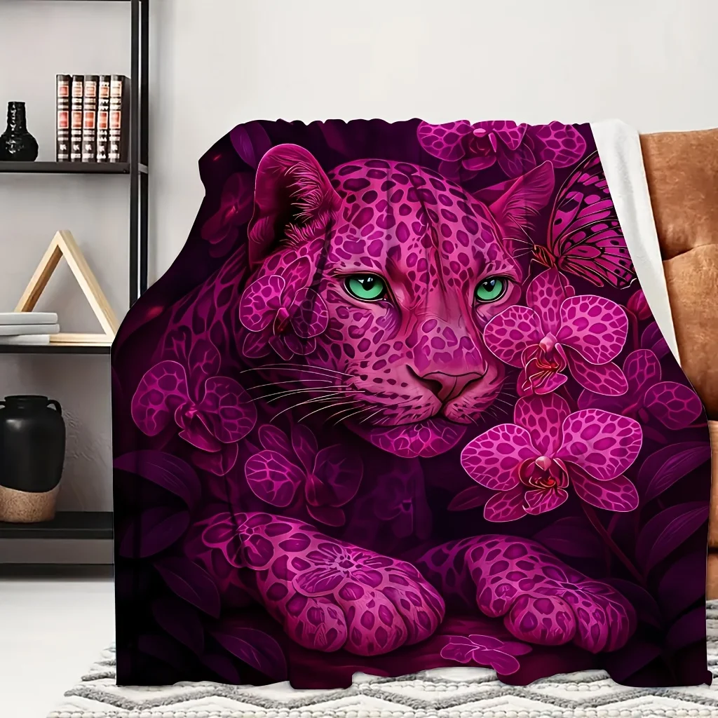 1pc Purple Jungle Leopard Dark Wild Animal Portrait Print Flannel Blanket, Practical and Ultra Soft, Suitable for Blankets, Kid