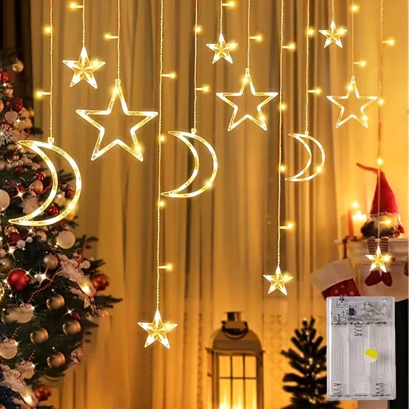 

Star Moon LED Lights Warm/Multicolor Christmas Garland Lamp Battery Powered Curtain Fairy Light for Holiday Party Ramadan Decor