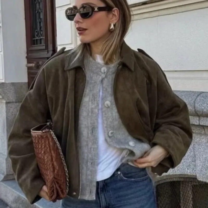 

Women Solid Lapel Neck Bomber Jackets Elegant Long Sleeve Loose Bomber Vintage Female Outerwear Chic Street Motorcycle Outwear