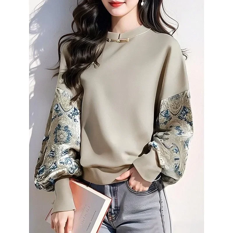 

Elegant Women Blouse With Lantern Sleeves Mandarin Collar Spliced Print Design Loose Fit Spring Autumn Chinese Style Top